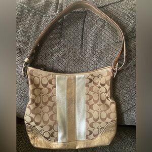 Coach signature medium hobo bag with gold +silver stripes & gold leather trim